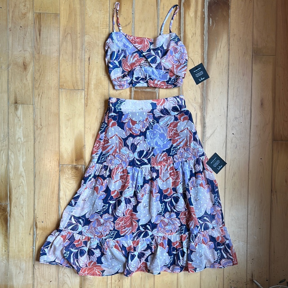 Lulu's Floral Midi Skirt in Blue and Pink